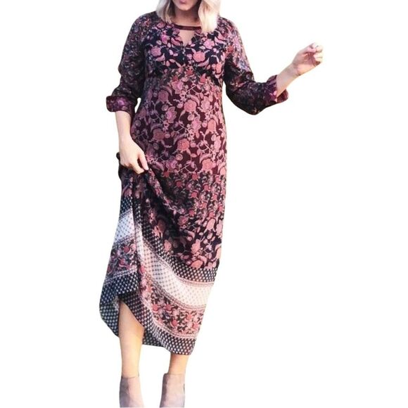 Cabi "Festive" Jewel Tone Floral Patterns Long Sleeve Round Neck Maxi Dress - Picture 14 of 14